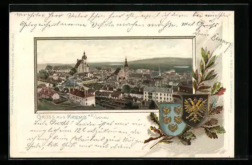 Passepartout-Lithographie Krems a. d. Donau, Ortsansicht aus der Vogelschau, Wappen