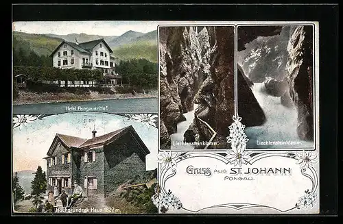 AK St. Johann i. Pongau, Hotel Pongauer Hof, Hochgrundeck-Haus, Liechtensteinklamm