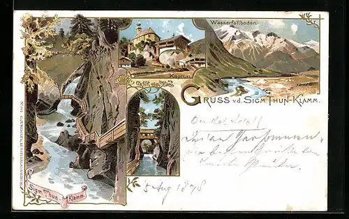 Lithographie Kaprun, Partie in der Sigm. Thun-Klamm, Wasserfallboden