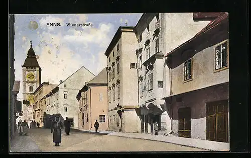 AK Enns, Wienerstrasse, Blick zum Rathaus