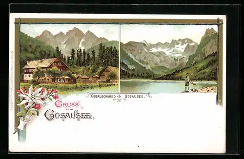 Lithographie Gosau, Gosausee und Gosauschmied