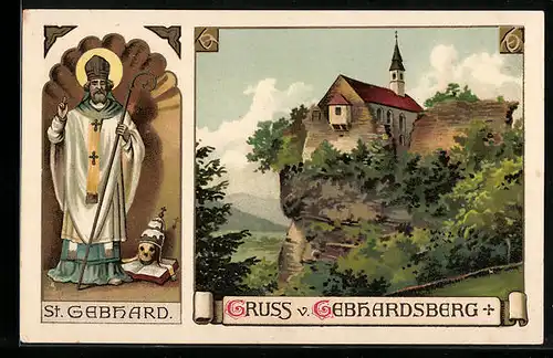 Lithographie Bregenz, Blick zum Gebhardsberg, St. Gebhard