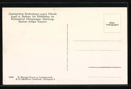 AK Neukirchen im Krimmlertal /Oberpinzgau, Jausenstation Stockenbaum gegen Hüttalkogel und Seekarr