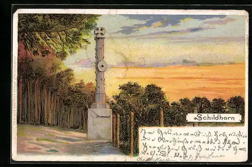 Lithographie Berlin-Schildhorn, Ortspartie mit Denkmal