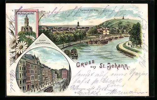 Lithographie St. Johann, Partie an der Saar, Winterberg-Denkmal, Untere Bahnhofstrasse