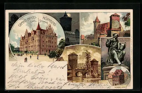 Lithographie Nürnberg, Grand Hotel Rudolf Lotz, Henkersteg u. Dürer-Haus