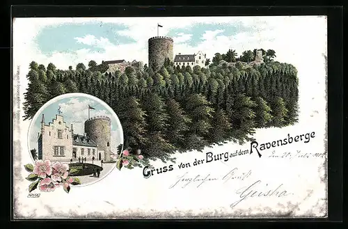 Lithographie Ravensberg, Burg mit Gasthaus und Aussichtsturm