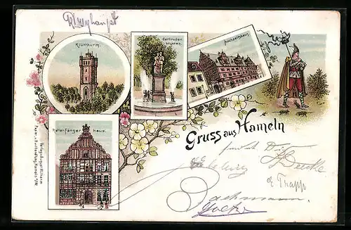 Lithographie Hameln, Klütthurm, Gertrudenbrunnen, Hochzeitshaus, Rattenfängerhaus