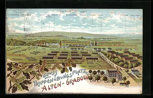 Lithographie Alten-Grabow, Truppenübungsplatz - Totalansicht mit Einrichtungsbezeichnungen