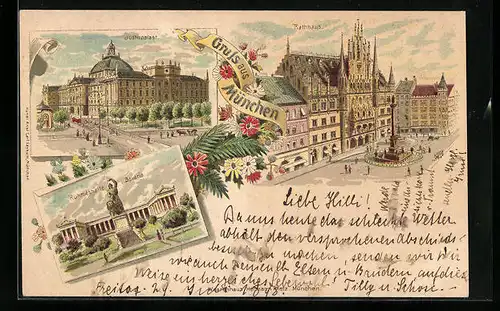 Lithographie München, Justizpalast, Rathaus, Ruhmeshalle mit Bavaria