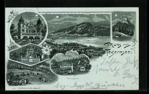 Lithographie Tegernsee, Pfliegelhof, Senger-Schloss, Stieler-Denkmal