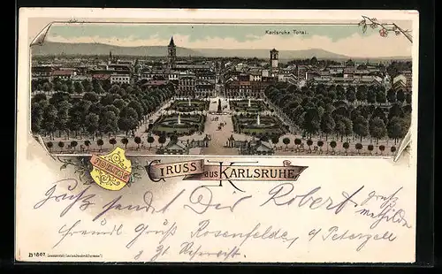 Lithographie Karlsruhe, Ortsansicht aus der Vogelschau