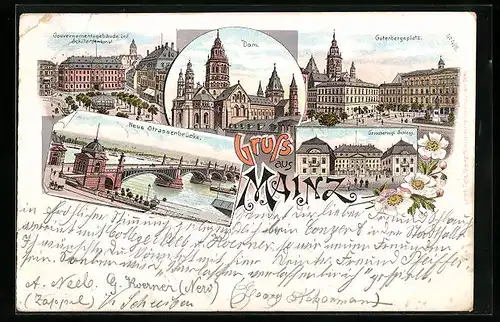 Lithographie Mainz, Gutenbergsplatz, Dom, Stadthalle, Gouvernementsgebäude, Neue Strassenbrücke, Schloss