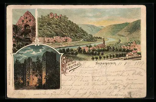 Lithographie Neckargerach, Ortsansicht aus der Vogelschau