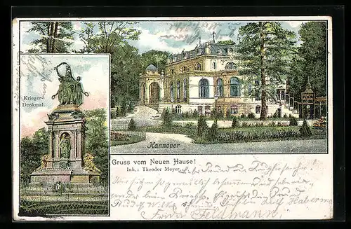 Lithographie Hannover, Blick auf das Restaurant Neues Haus, Krieger-Denkmal