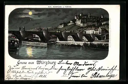 Lithographie Würzburg, Blick auf alte Mainbrücke und Festung