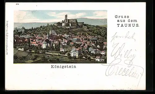 Lithographie Königstein, Ortsansicht mit Burg