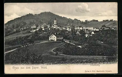 AK Schönberg im bayr. Wald, Ortstotale, Blick zum Kirchturm