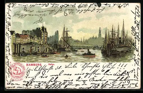 Lithographie Hamburg, Sicht in den Hafen