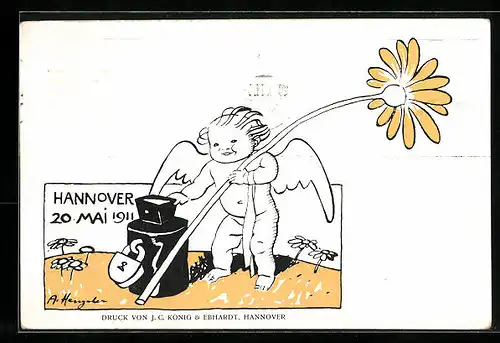 Künstler-AK Hannover, Blumentag 20. Mai 1911, Engelchen mit Blume und Spendenbüchse