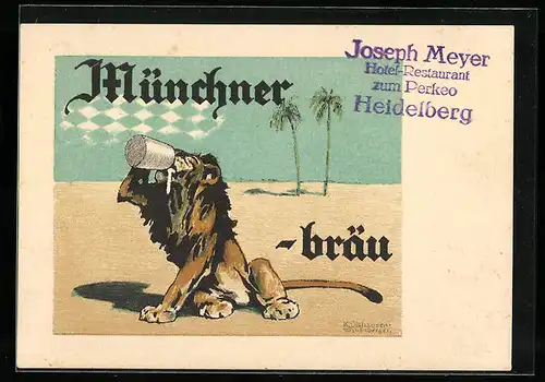 AK Löwe trinkt aus einem Bierkrug, Brauerei-Werbung für Münchener-Bräu