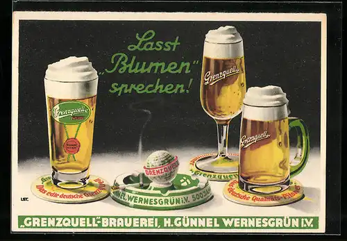 AK Wernesgrün i.V., Grenzquell-Brauerei, H. Günnel, Brauerei-Werbung, Lasst Blumen sprechen!