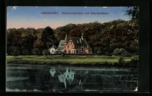 AK Darmstadt, Steinbrückerteich mit Oberwaldhaus