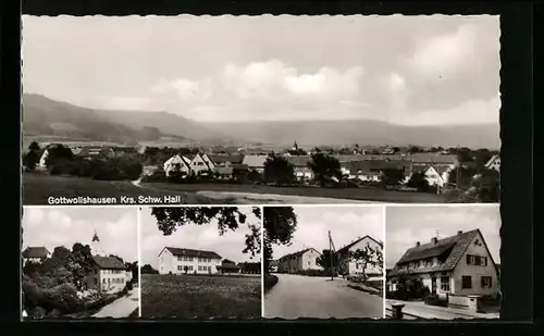 AK Gottwollshausen /Krs. Schw. Hall, Panorama des Ortes, Kirche, Strassenpartie