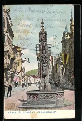 AK Freiburg i. B., Kaiserstrasse mit Goethebrunnen