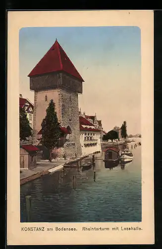 AK Konstanz a. Bodensee, Rheintorturm mit Lesehalle