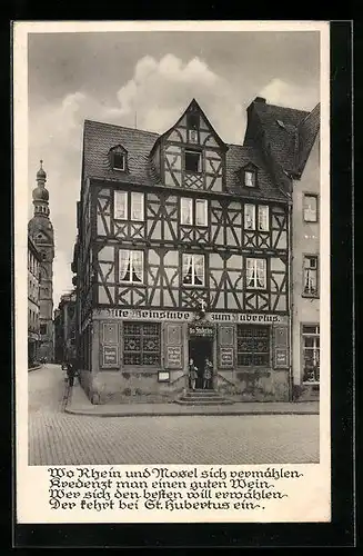 AK Koblenz, Weinstube zum Hubertus am Floridsmarkt mit Strasse und Kirche