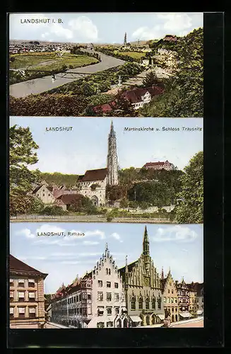 AK Landshut I. B., Ortspartie, Martinskirche und Schloss Trausnitz, Rathaus