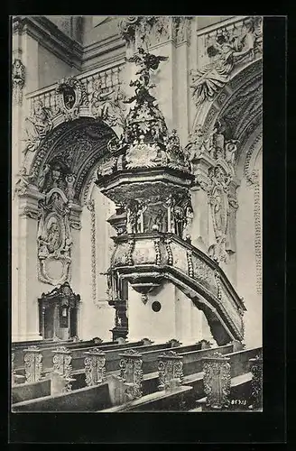 AK Passau, Kanzel der Jesuiten-Kirche, Innenansicht