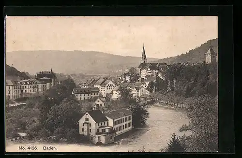 AK Baden, Ortsansicht mit Fluss und Bergblick