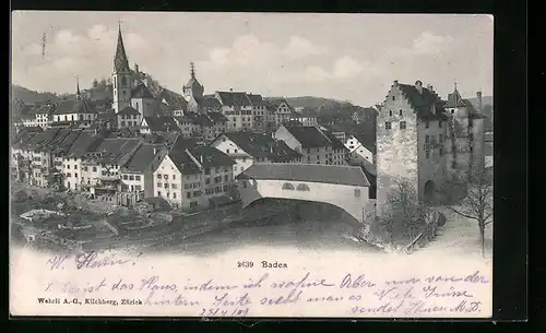 AK Baden, Teilansicht mit Brücke und Kirche