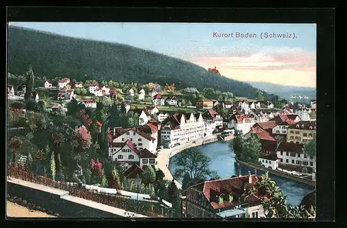 AK Baden, Ortsansicht mit Burgblick aus der Vogelschau