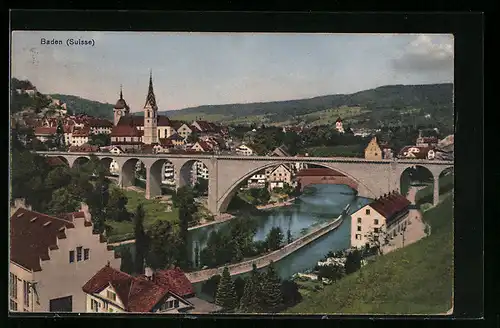 AK Baden, Totalansicht mit Viadukt aus der Vogelschau