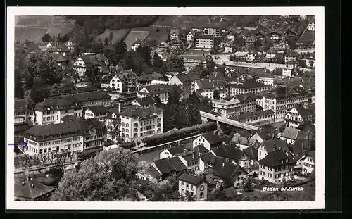 AK Baden, Ortsansicht mit Eisenbahn aus der Vogelschau