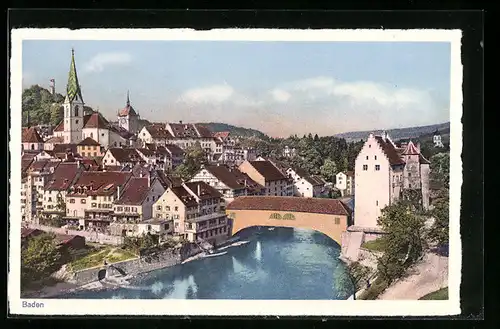 AK Baden, Ortsansicht mit Brücke und Kirche