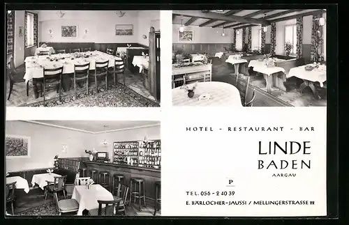 AK Baden, Hotel Linde E. Bärlocher-Jaussi, Mellingerstrasse 22, Innenansichten