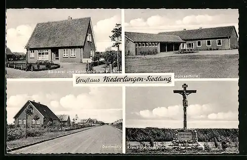 AK Niederlangen-Siedlung, Kreuz auf dem Friedhof, Bäckerei Uhlen, Dorfmotiv