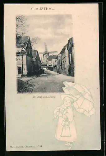AK Clausthal, Windmühlenstrasse, Mädchen mit Schirm