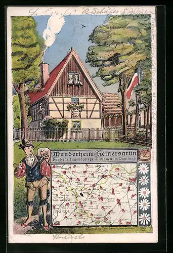 Künstler-AK Heinersgrün, Wanderheim Heinersgrün mit Wanderkarte