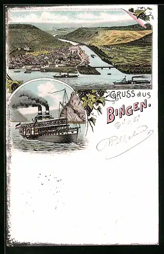 Lithographie Bingen, Flusspartie mit Dampfer