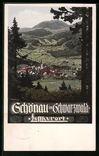 Künstler-AK Schönau / Schwarzwald, Blick zwischen Tannen auf den Luftkurort