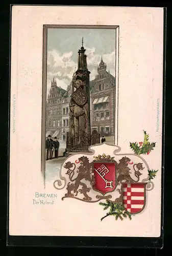 Passepartout-Lithographie Bremen, Denkmal, Der Roland, Wappen