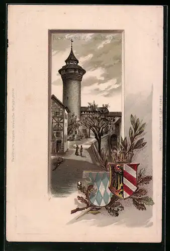 Passepartout-Lithographie Nürnberg, Brunnenhäuschen, Wappen