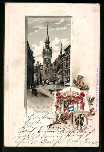 Passepartout-Lithographie München, Altes Rathaus mit Strassenpartie