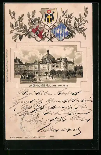 Passepartout-Lithographie München, Blick auf den Justizpalast, Wappen