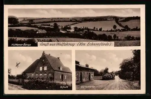 AK Wolfskrug /Kr. Eckernförde, Dorfstrasse, Schule, Hüttener Berge